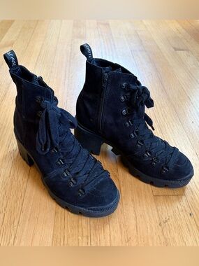 Schutz Black Suede Lace-Up Heeled Ankle Boots